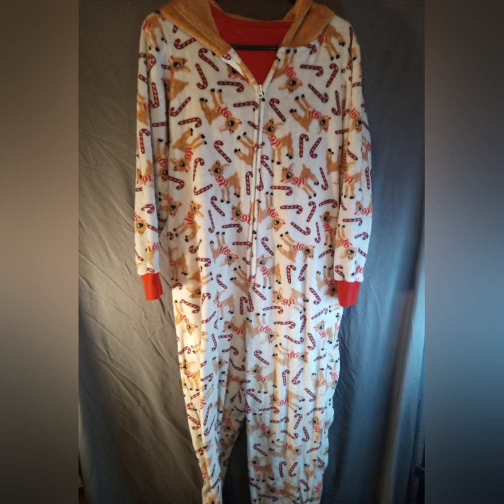 Festive Rudolph Reindeer Adult Christmas Candy Cane Onesie Pajamas